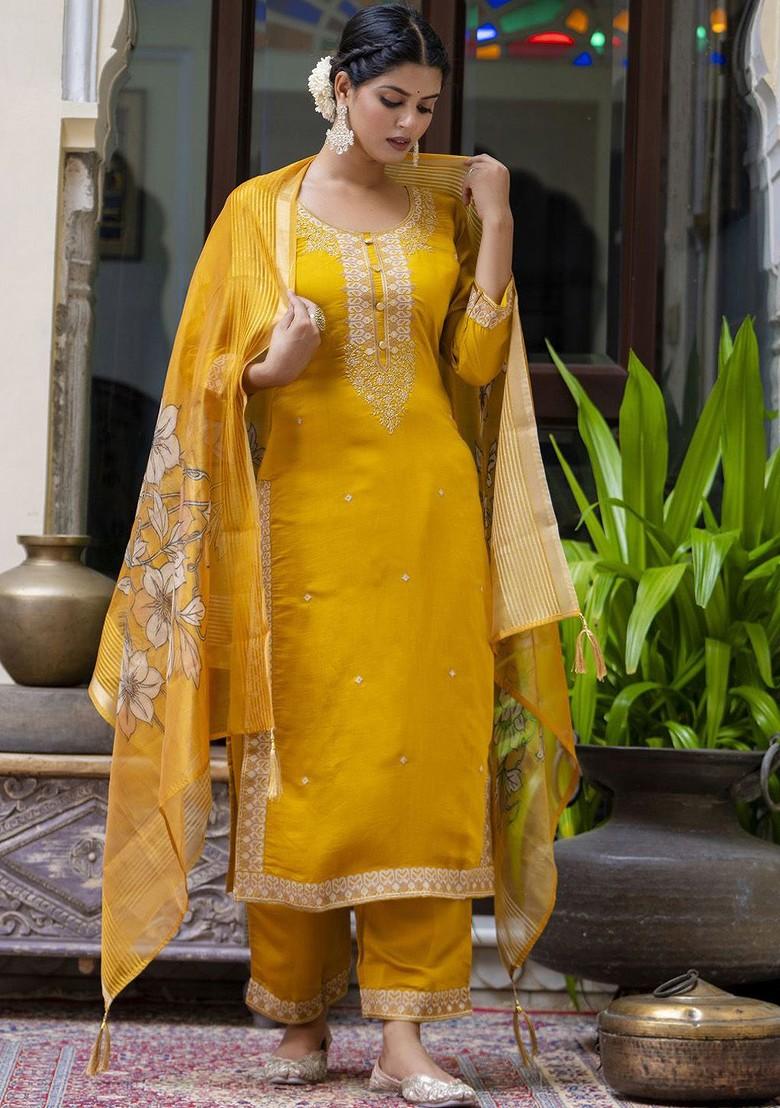Mustard Floral Embroidered Poly Blend Kurta Set