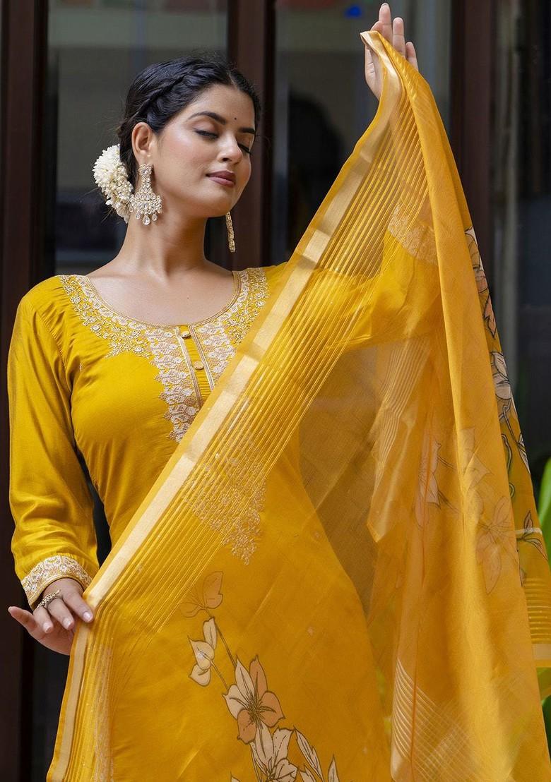 Mustard Floral Embroidered Poly Blend Kurta Set