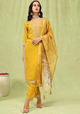 Mustard Floral Embroidered Poly Blend Kurta Set