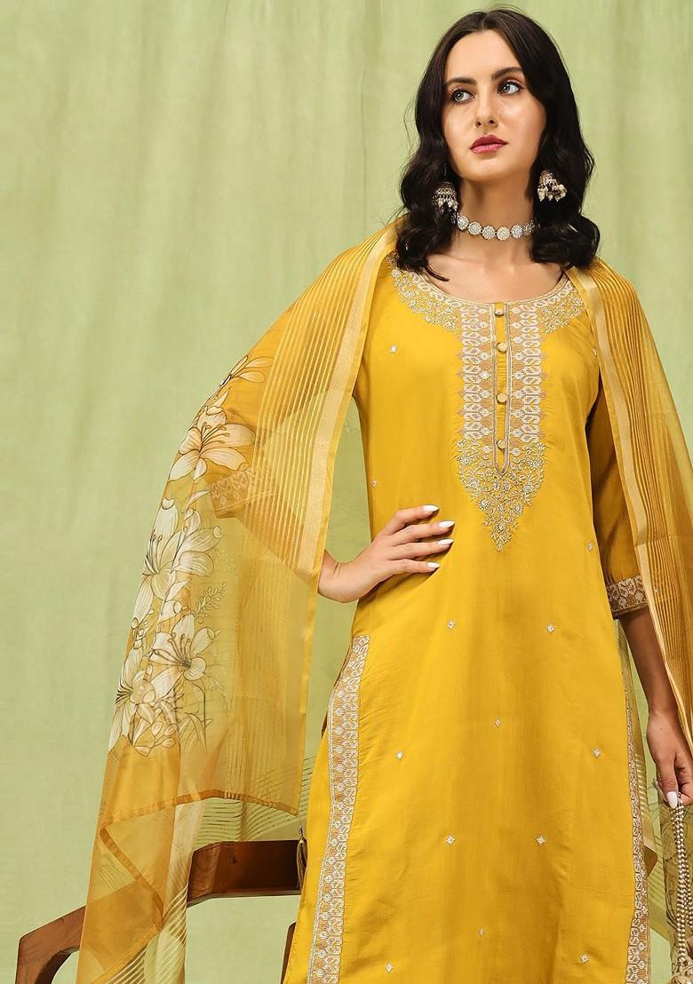 Mustard Floral Embroidered Poly Blend Kurta Set