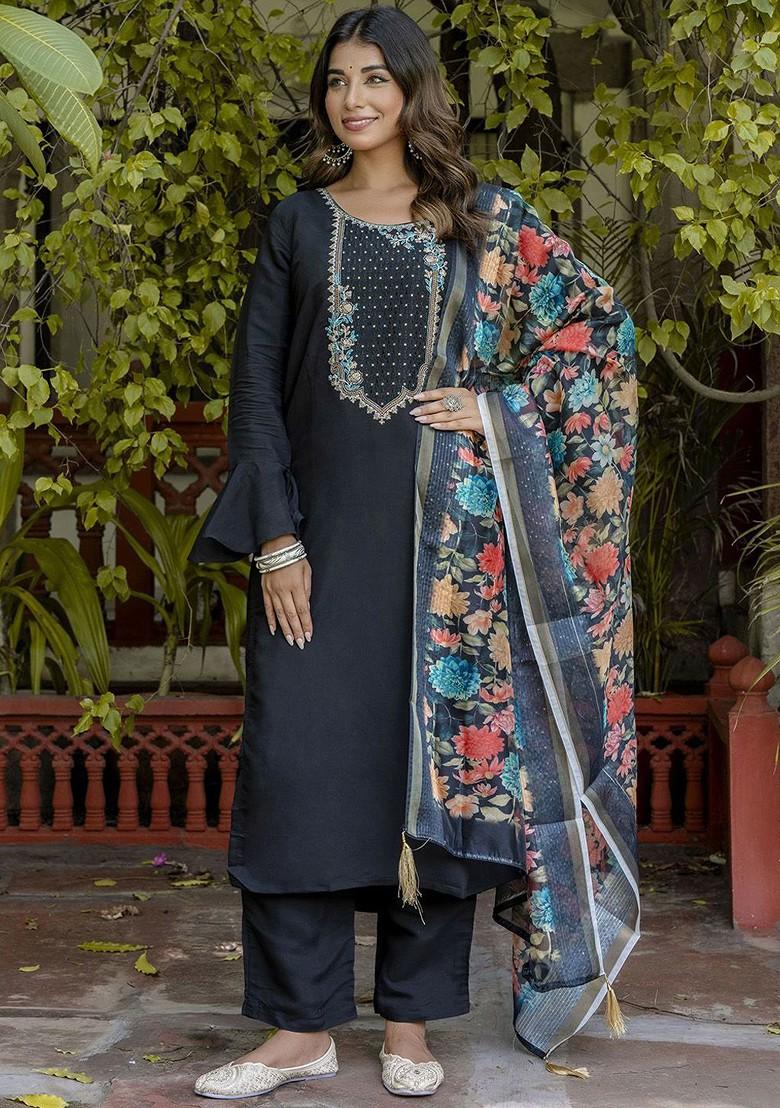 Black Floral Embroidered Poly Blend Kurta Set