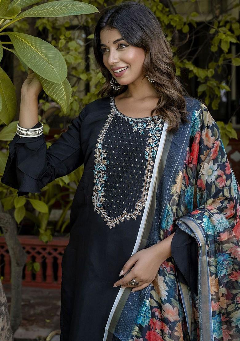 Black Floral Embroidered Poly Blend Kurta Set