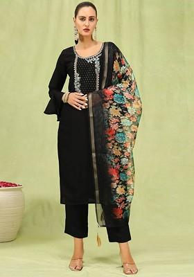 Black Floral Embroidered Poly Blend Kurta Set