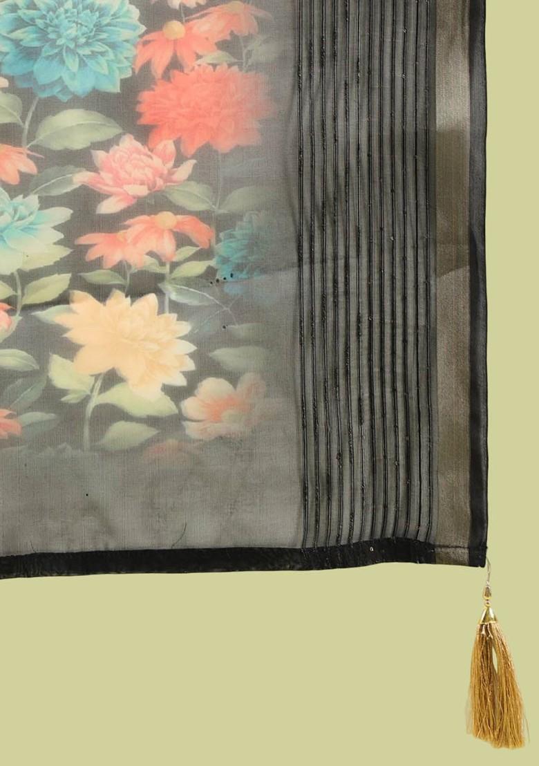 Black Floral Embroidered Poly Blend Kurta Set