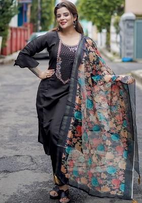 Black Printed Poly Blend Kurta Set