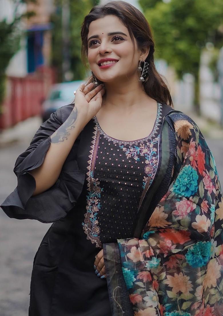 Black Printed Poly Blend Kurta Set