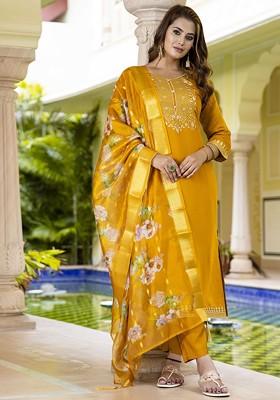 Mustard Floral Embroidered Poly Blend Kurta Set