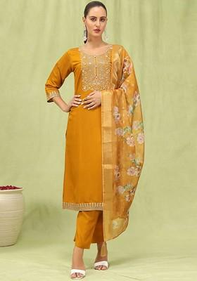 Mustard Ethnic Motifs Embroidery Poly Blend Kurta Set