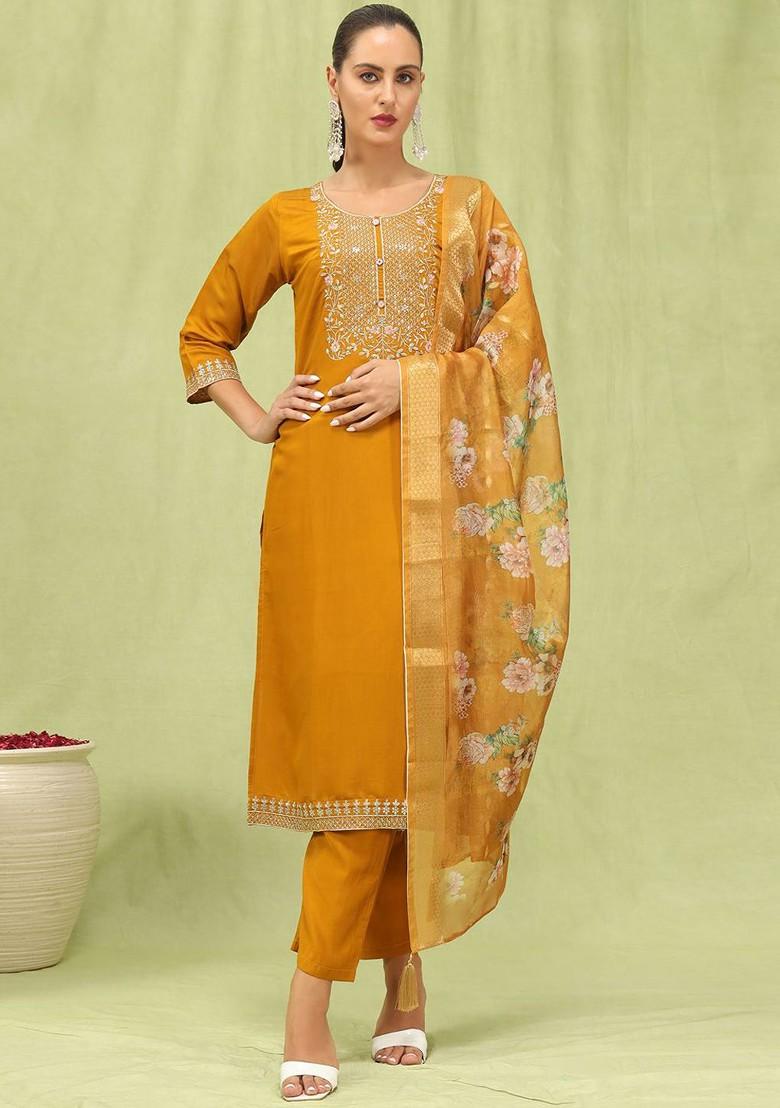Mustard Ethnic Motifs Embroidery Poly Blend Kurta Set