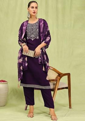 Purple Printed Poly Blend Kurta Set