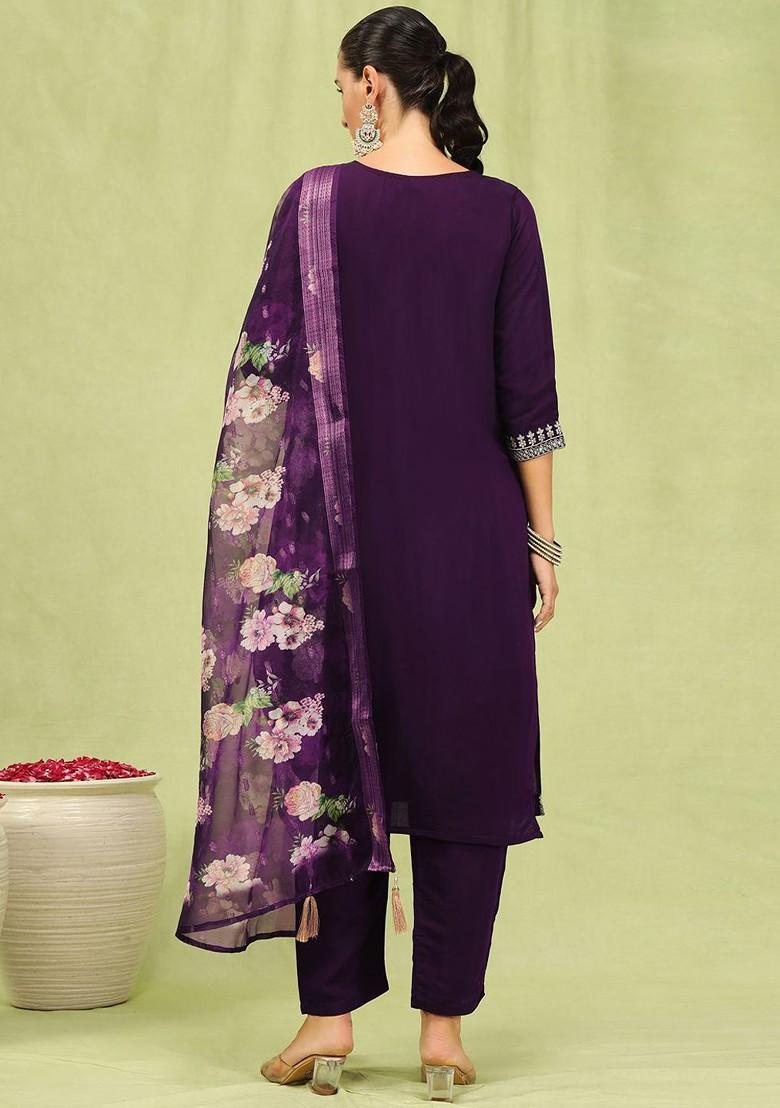 Purple Printed Poly Blend Kurta Set
