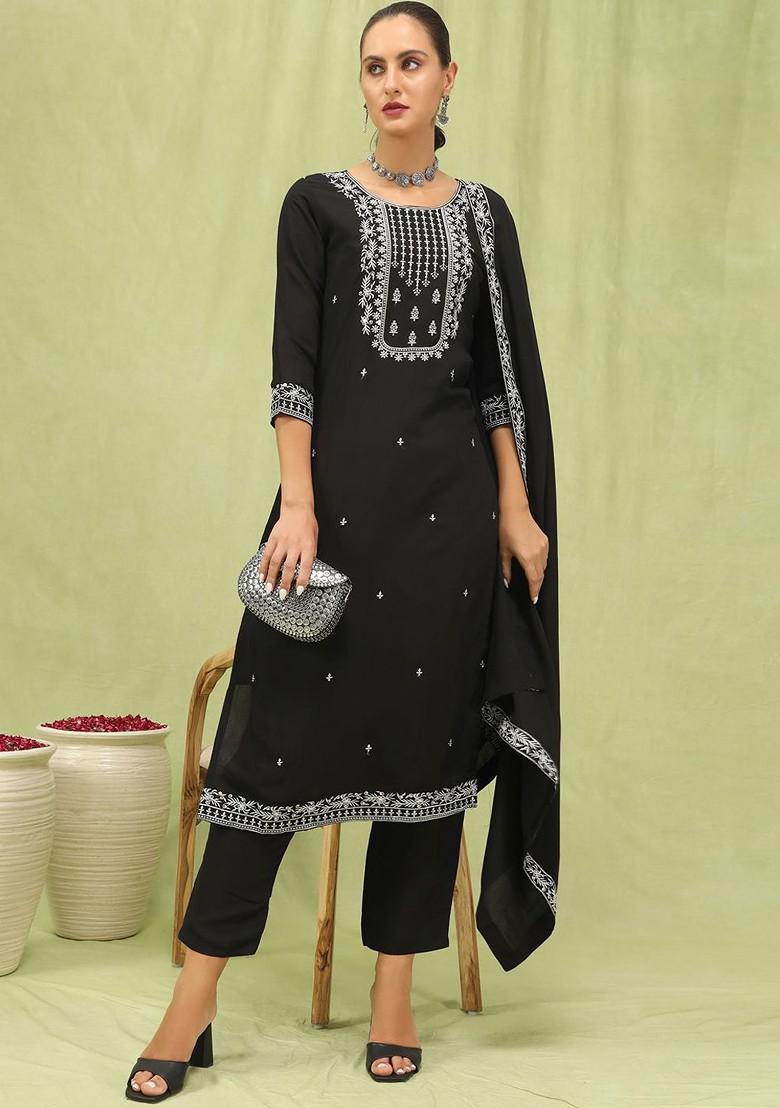 Black Floral Embroidered Poly Blend Kurta Set