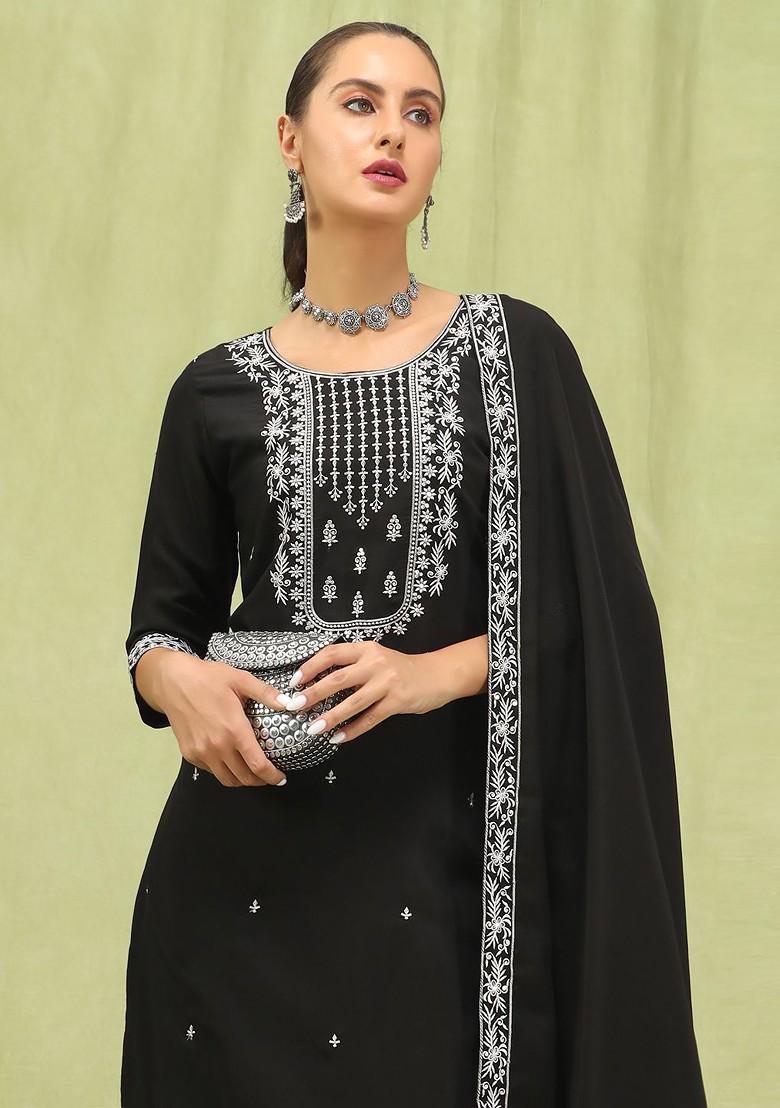 Black Floral Embroidered Poly Blend Kurta Set