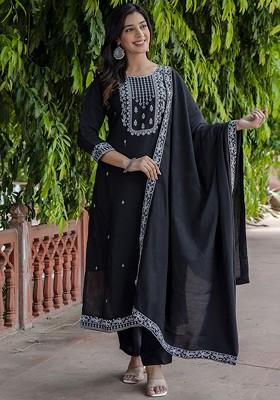 Black Floral Embroidered Poly Blend Kurta Set