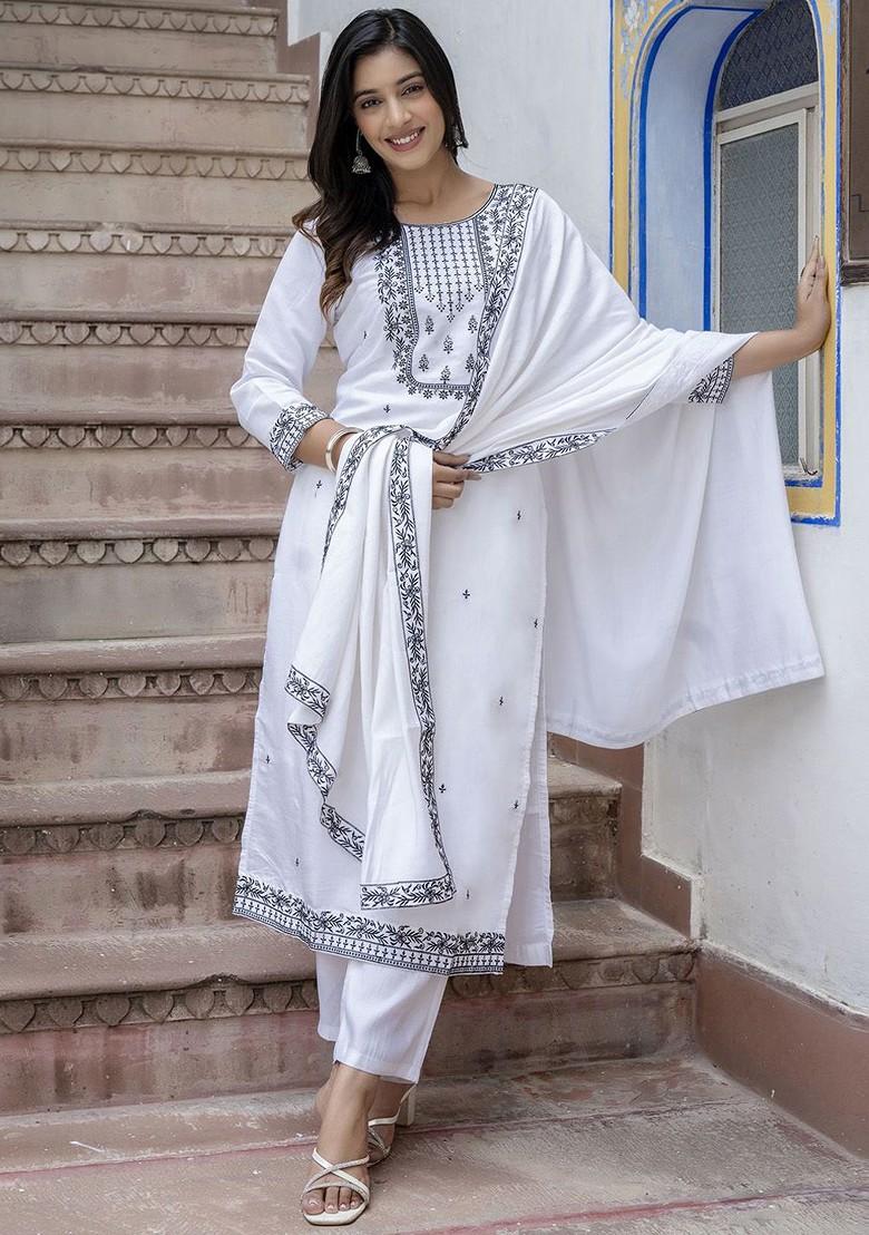 White Floral Embroidered Poly Blend Kurta Set