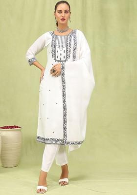 White Floral Embroidered Poly Blend Kurta Set
