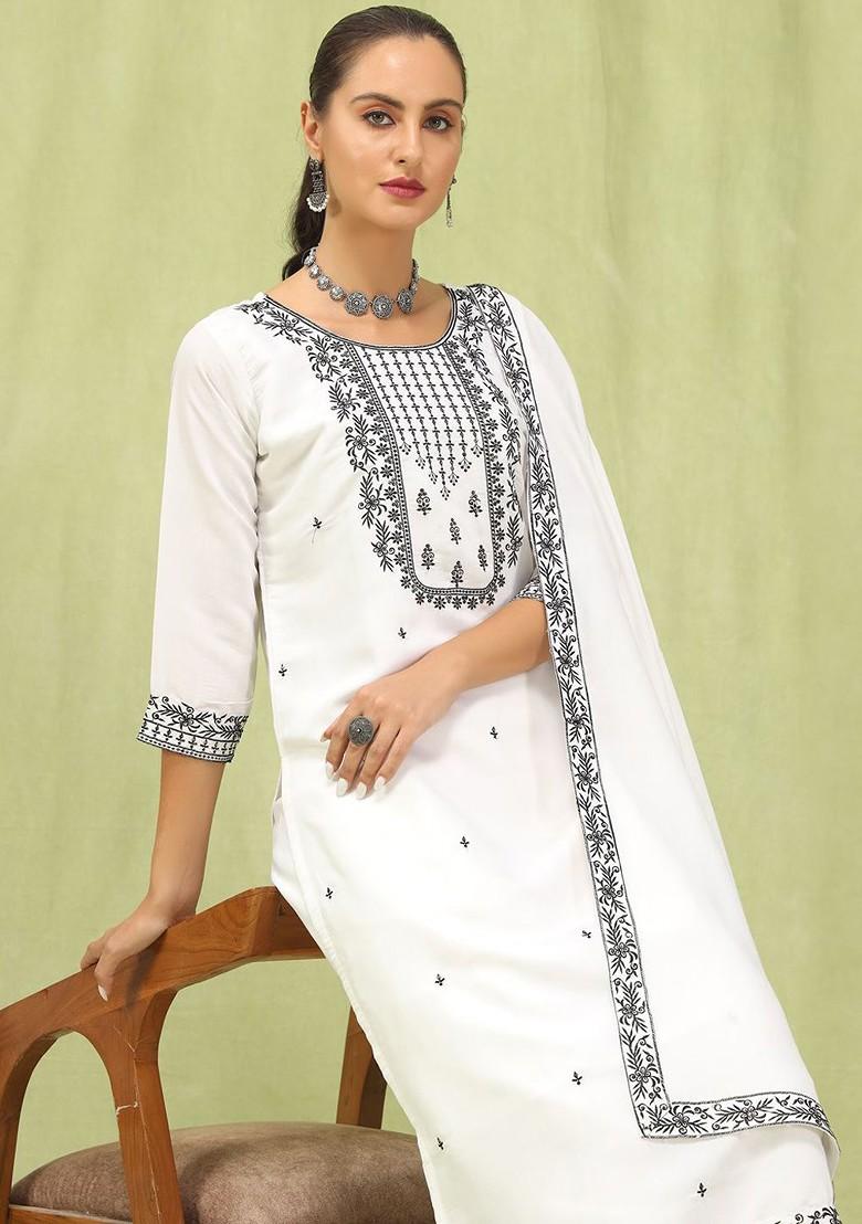 White Floral Embroidered Poly Blend Kurta Set