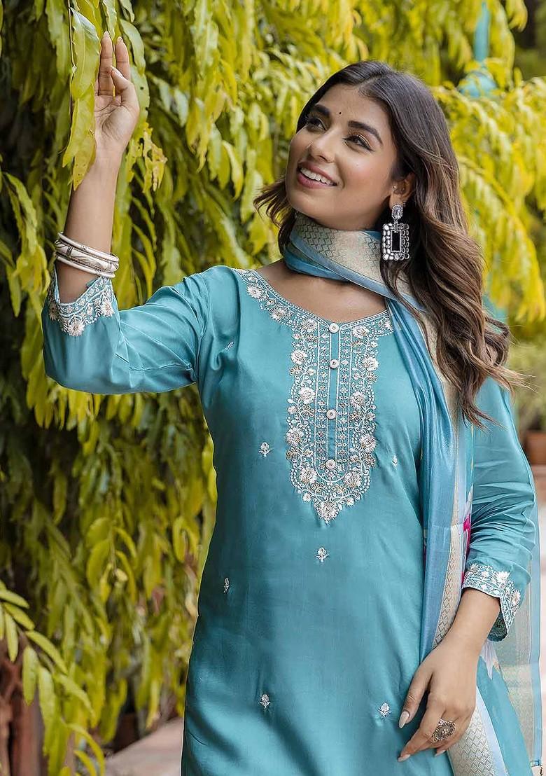 Teal Floral Embroidered Poly Blend Kurta Set