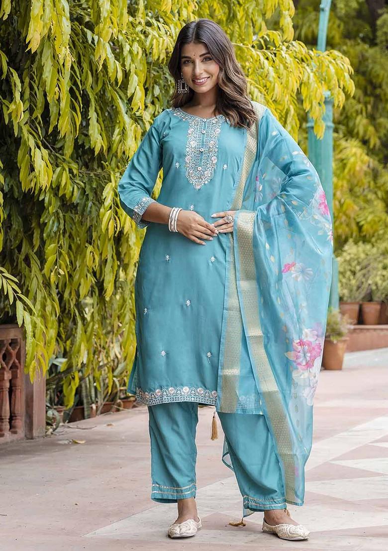 Teal Floral Embroidered Poly Blend Kurta Set