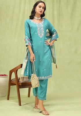 Teal Floral Embroidered Poly Blend Kurta Set