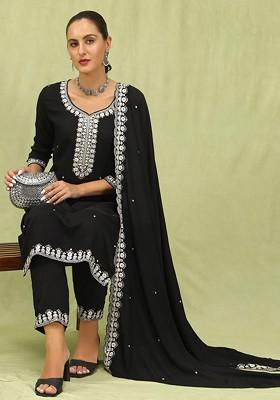 Black Floral Embroidered Poly Blend Kurta Set