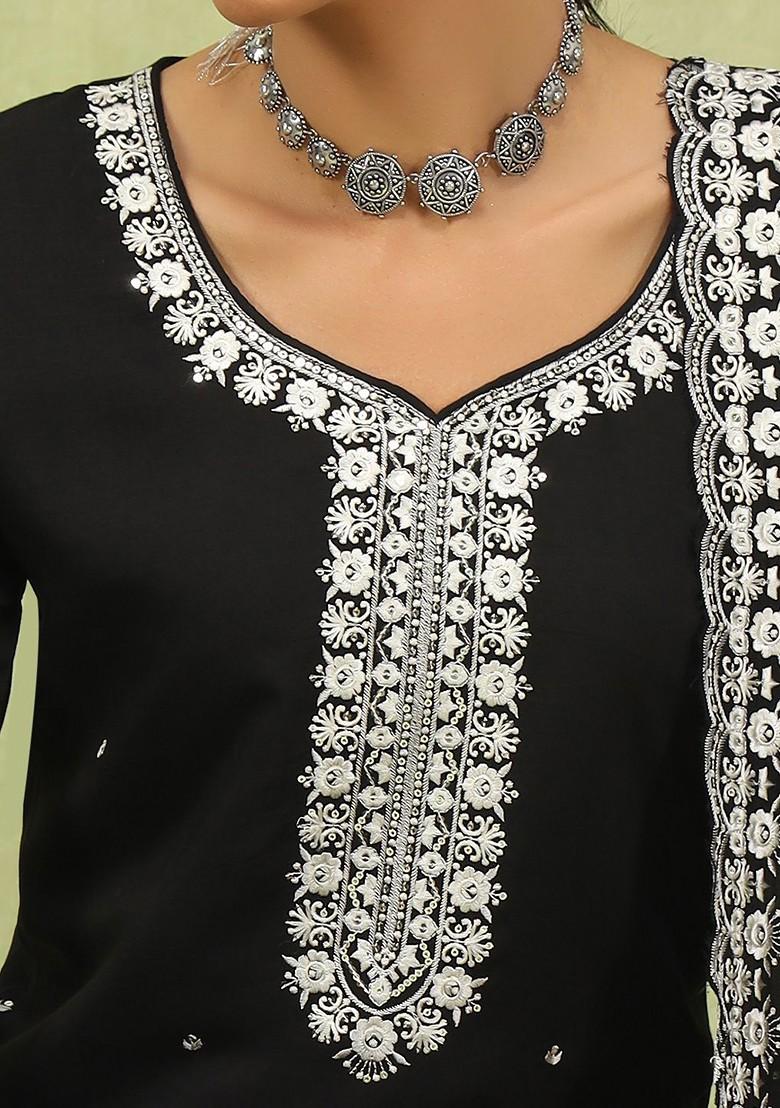 Black Floral Embroidered Poly Blend Kurta Set