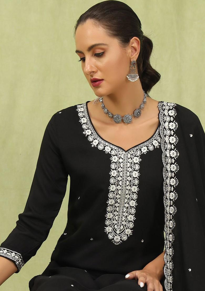 Black Floral Embroidered Poly Blend Kurta Set