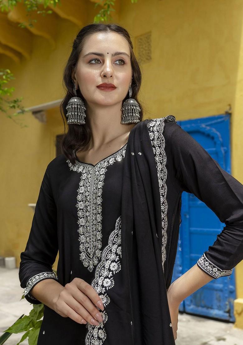 Black Floral Embroidered Poly Blend Kurta Set
