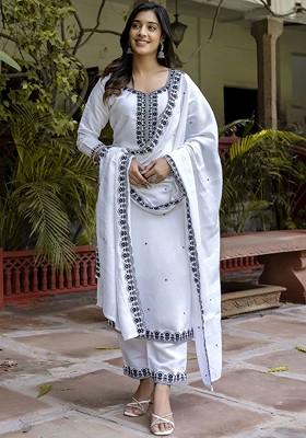 White Floral Embroidered Poly Blend Kurta Set