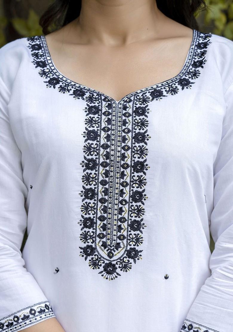 White Floral Embroidered Poly Blend Kurta Set