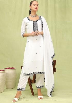 White Floral Embroidered Poly Blend Kurta Set