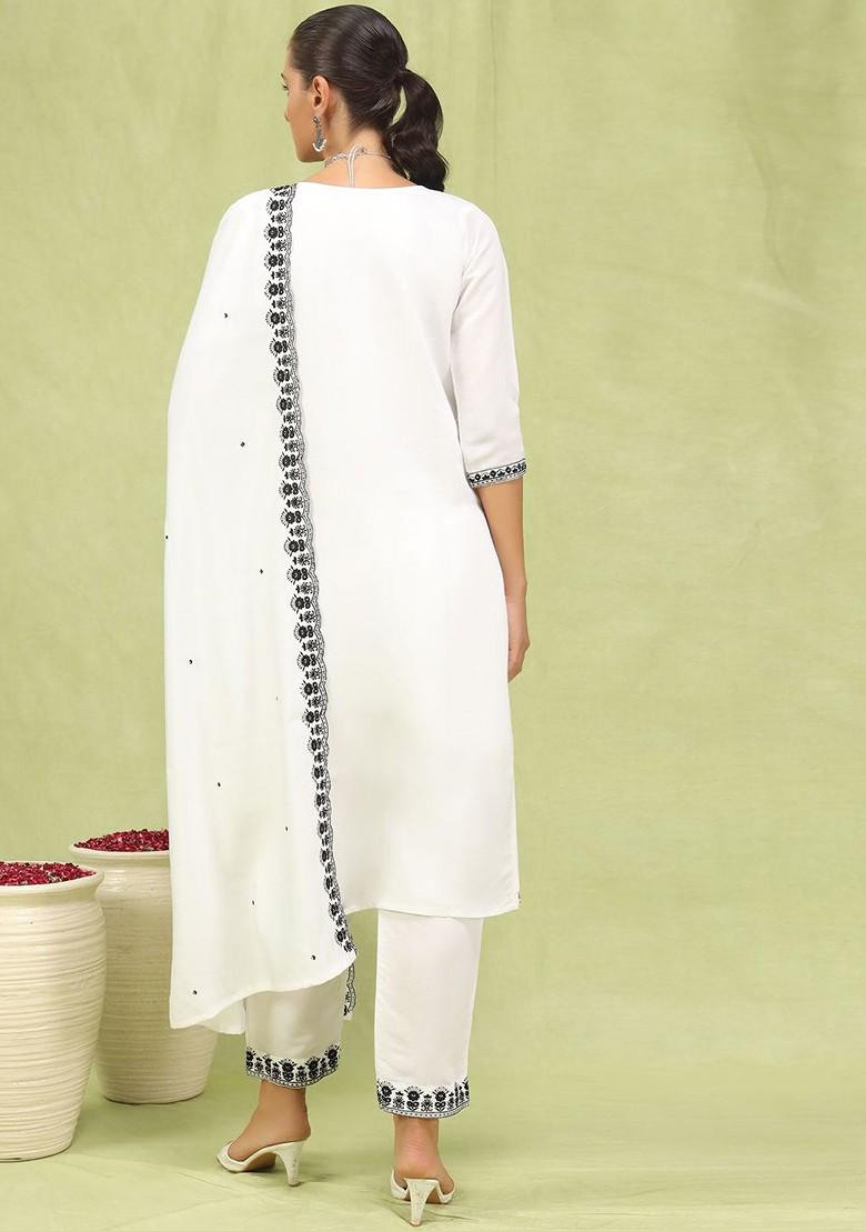 White Floral Embroidered Poly Blend Kurta Set
