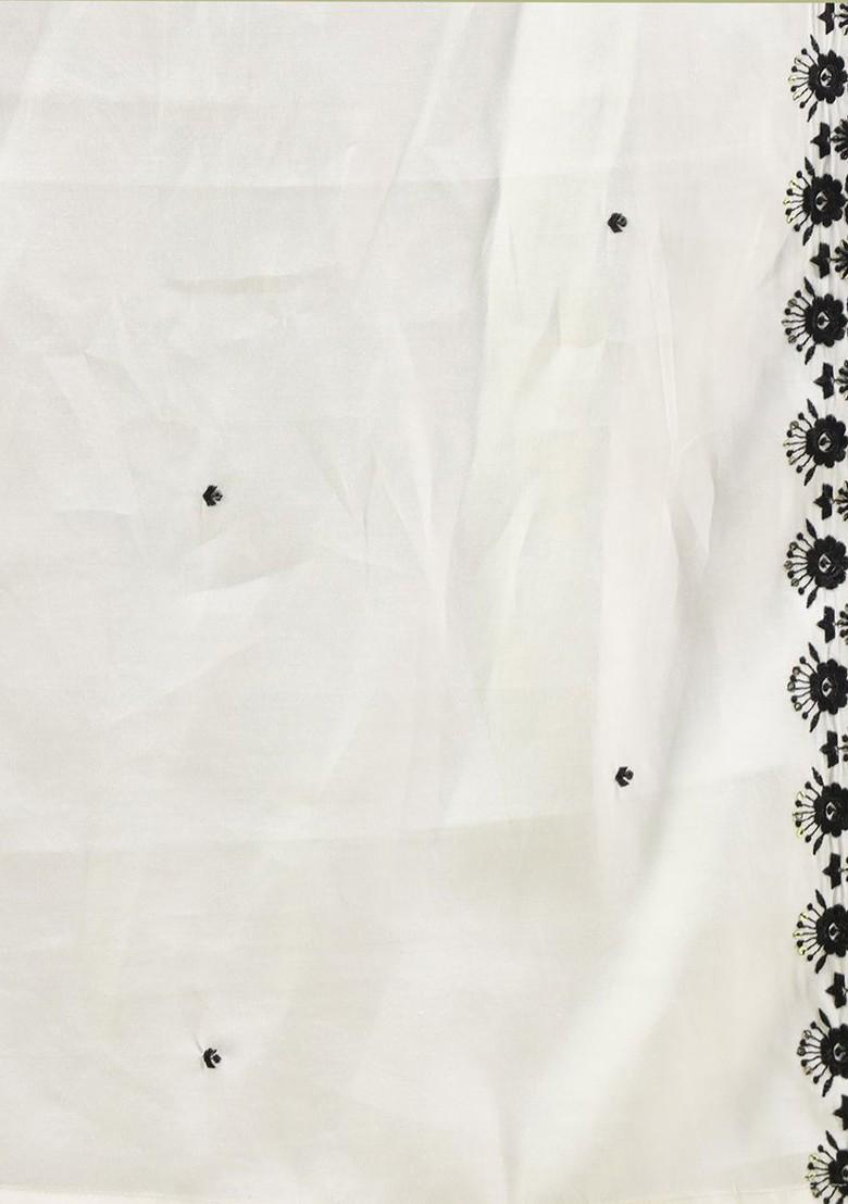 White Floral Embroidered Poly Blend Kurta Set