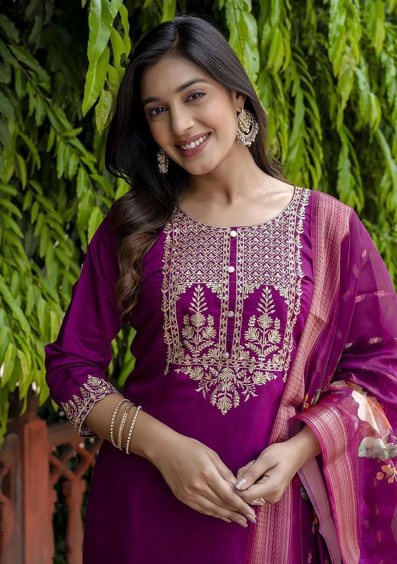 Purple Printed Poly Blend Kurta Set