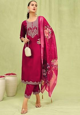 Pink Printed Poly Blend Kurta Set