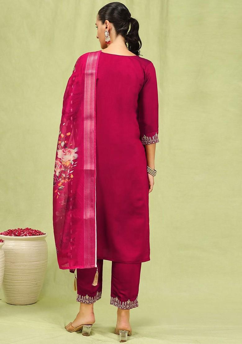 Pink Printed Poly Blend Kurta Set