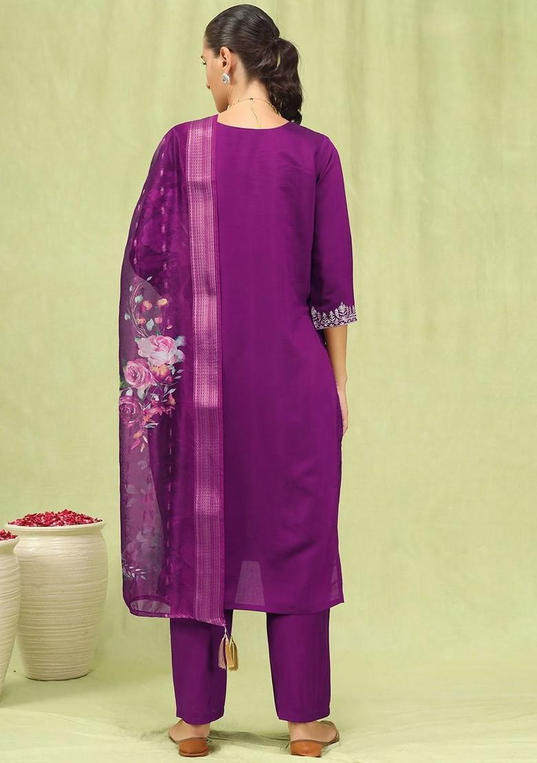 Purple Printed Poly Blend Kurta Set