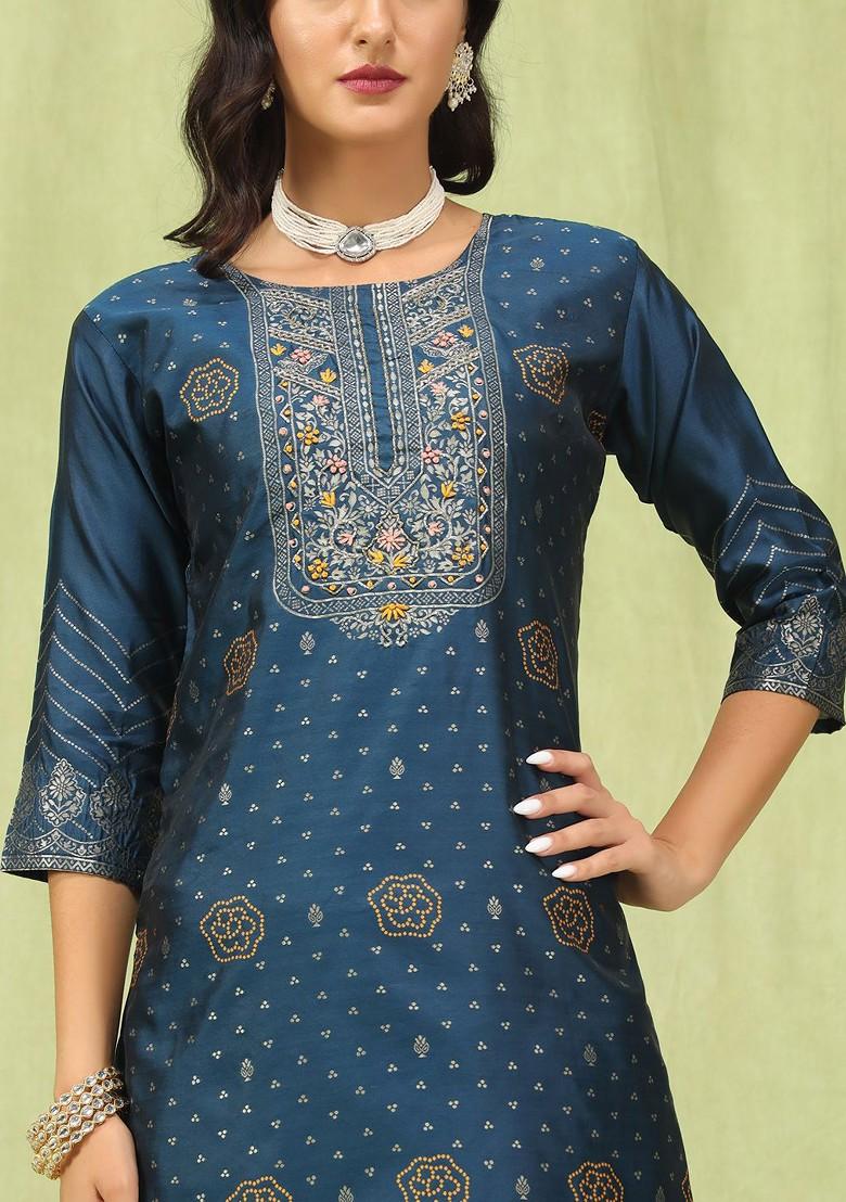Navy Blue Floral Print Silk Kurta Set