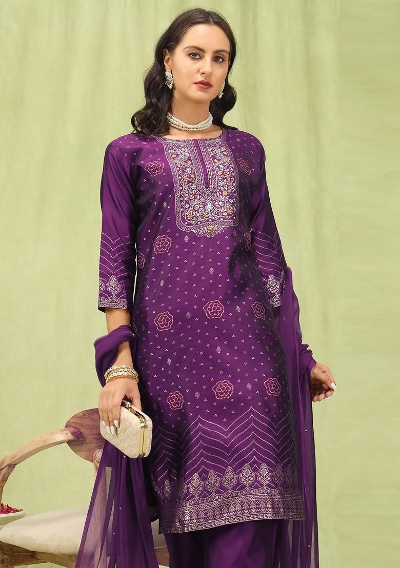 Purple Printed Poly Blend Kurta Set