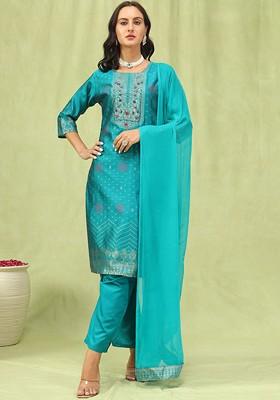 Green Floral Print Silk Kurta Set