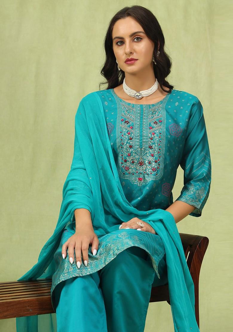 Green Floral Print Silk Kurta Set
