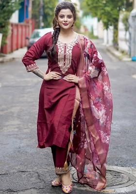 Maroon Printed Poly Blend Kurta Set