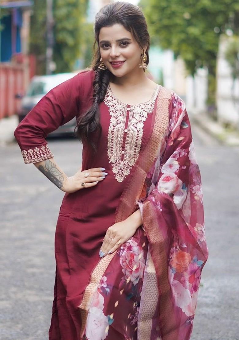 Maroon Printed Poly Blend Kurta Set
