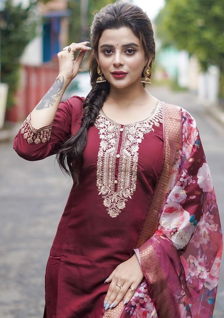 Maroon Printed Poly Blend Kurta Set