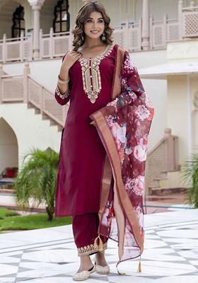 Maroon Floral Embroidered Poly Blend Kurta Set