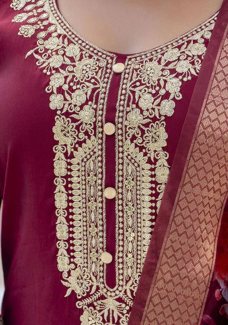 Maroon Floral Embroidered Poly Blend Kurta Set