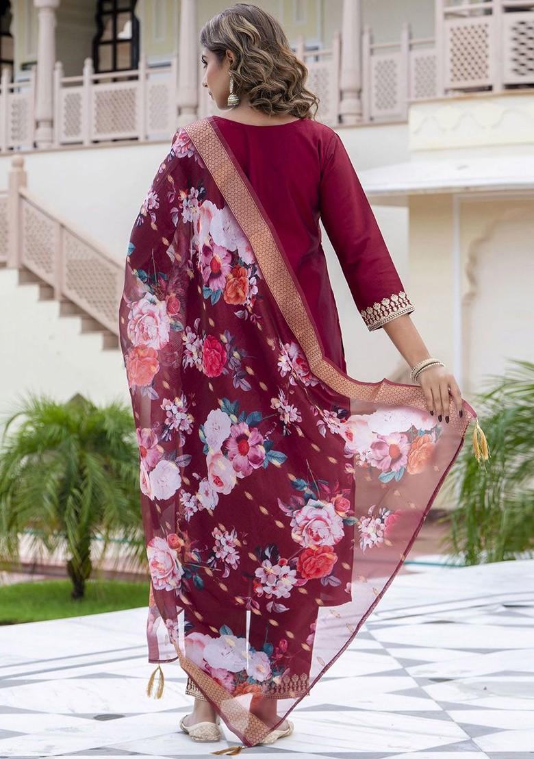 Maroon Floral Embroidered Poly Blend Kurta Set