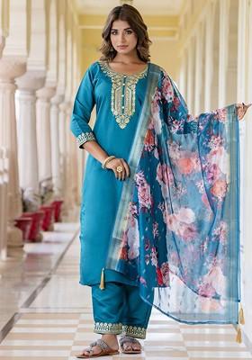 Green Floral Embroidered Poly Blend Kurta Set