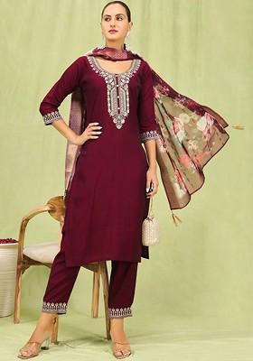 Maroon Printed Poly Blend Kurta Set