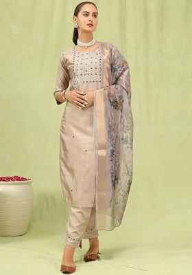 Beige Floral Embroidered Poly Blend Kurta Set
